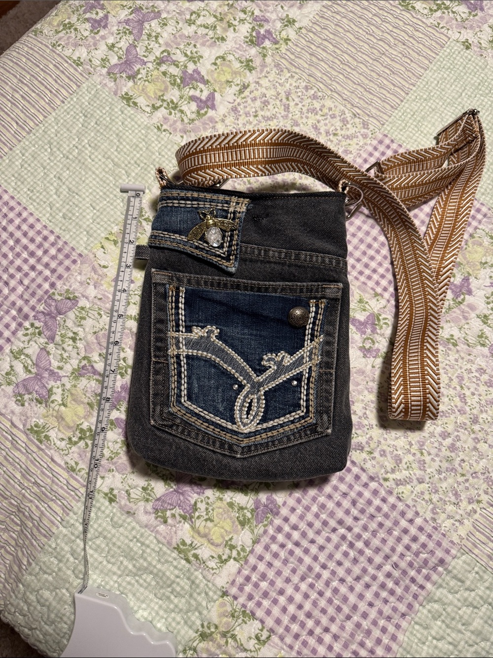 Women’s Dark Wash Denim Crossbody Bag with Embroidered Pocket